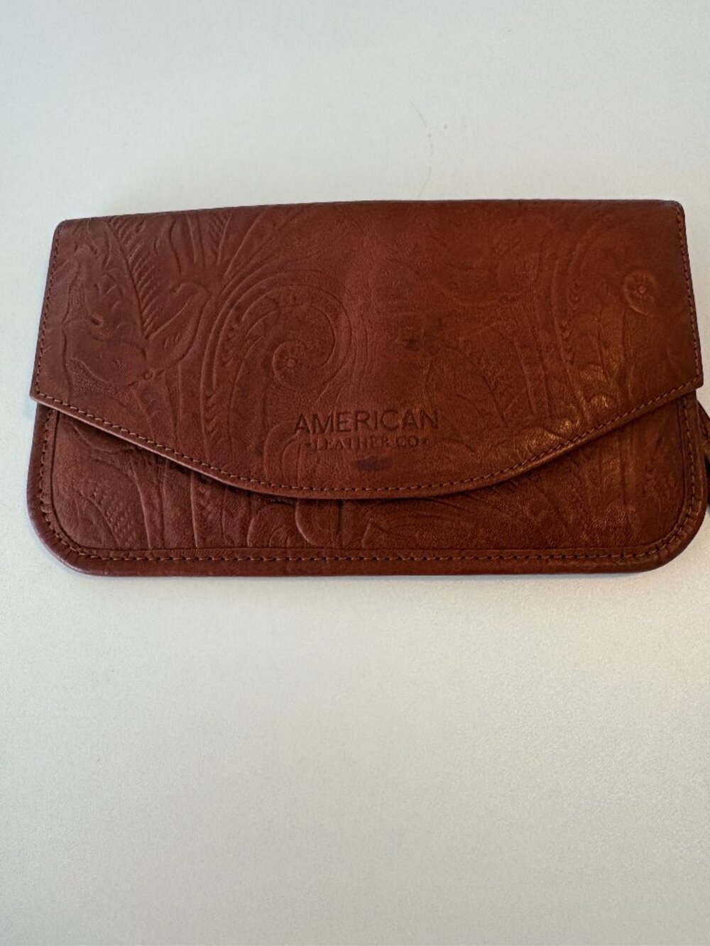 American Leather Co Brown Embossed Leather Wallet Wristlet Clutch